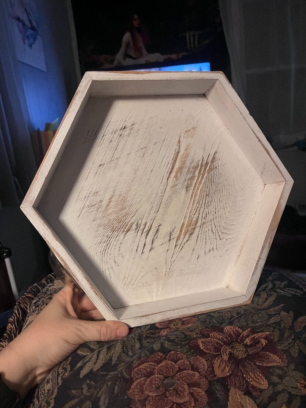 Whitewashed Hexagonal Wooden Tray